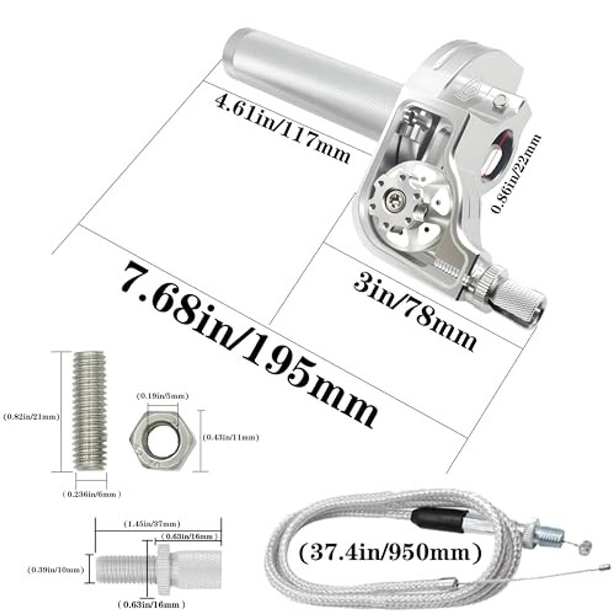 Silver throttle assembly with textured grip, cable, and mounting screws (dimensions)