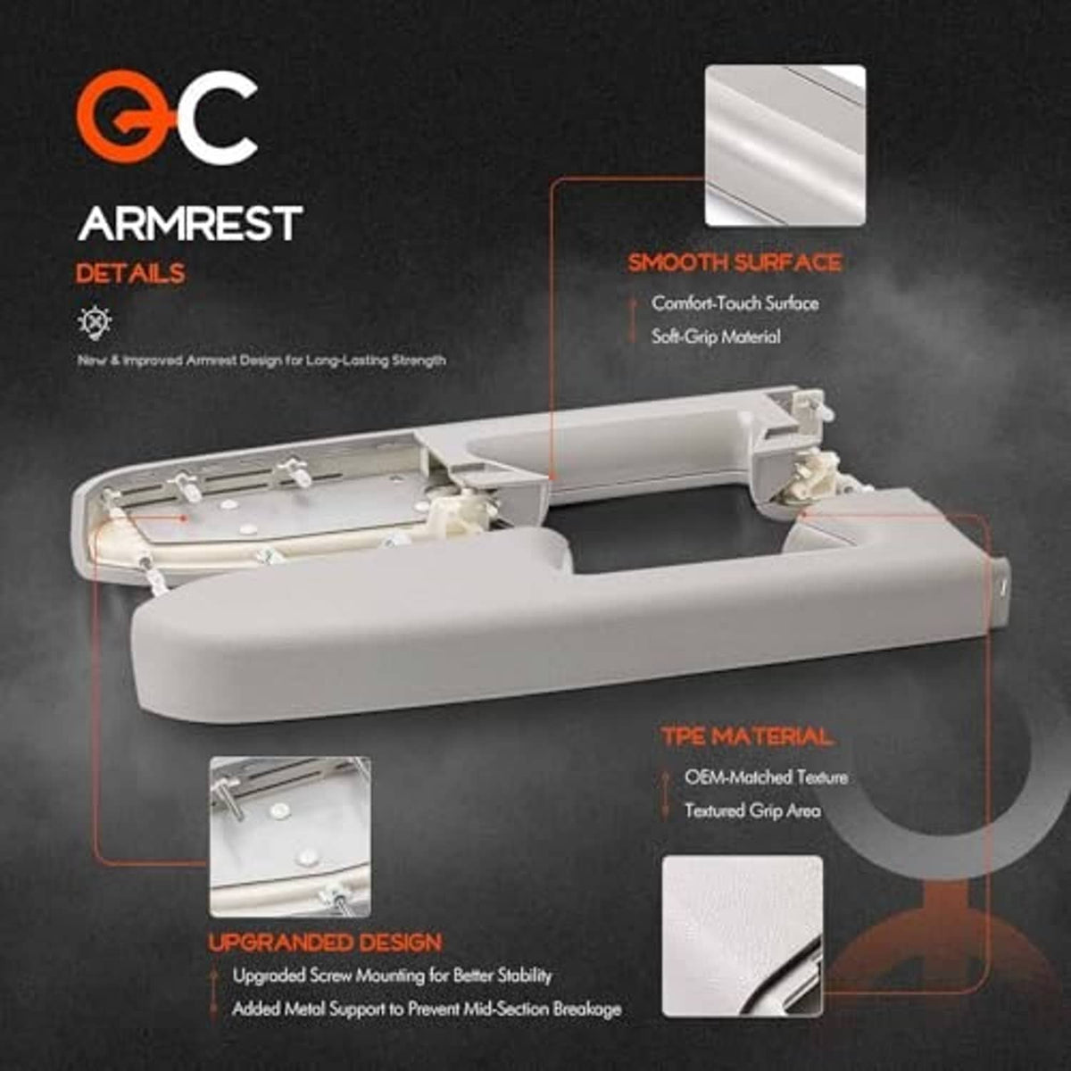 Gray door armrest panel assembly with reinforced arms and mounting screws