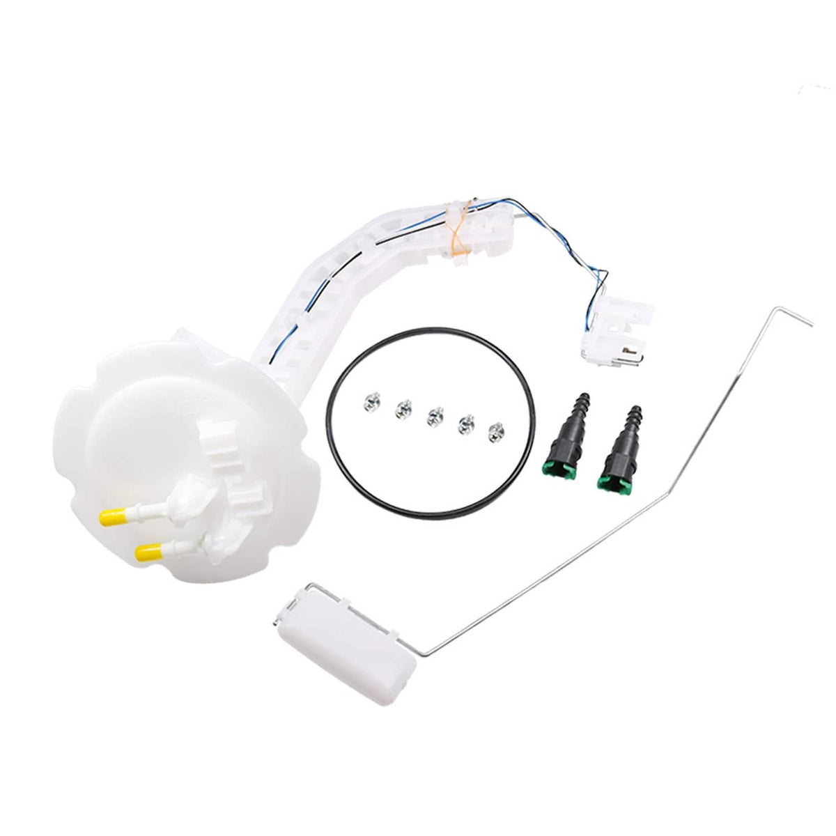 Fuel pump module with wiring harness, black seal ring, screws, and mounting components