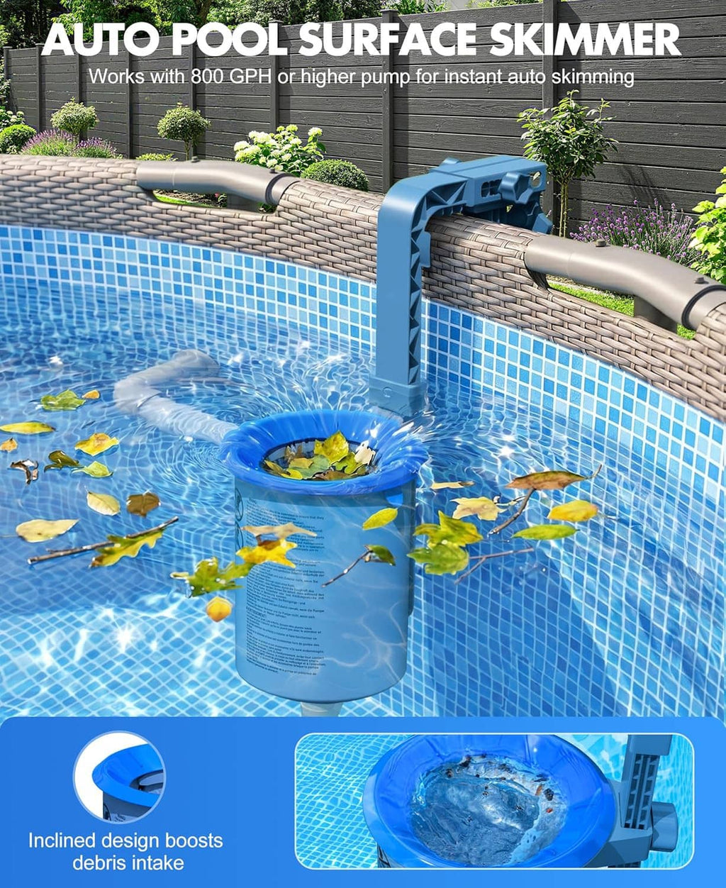 Auto above-ground pool surface skimmer with blue bucket and debris collection opening