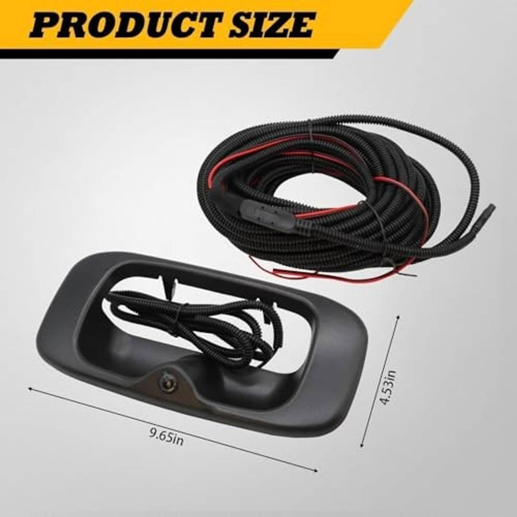 Rear view camera tailgate handle assembly with dimensions diagram and wiring