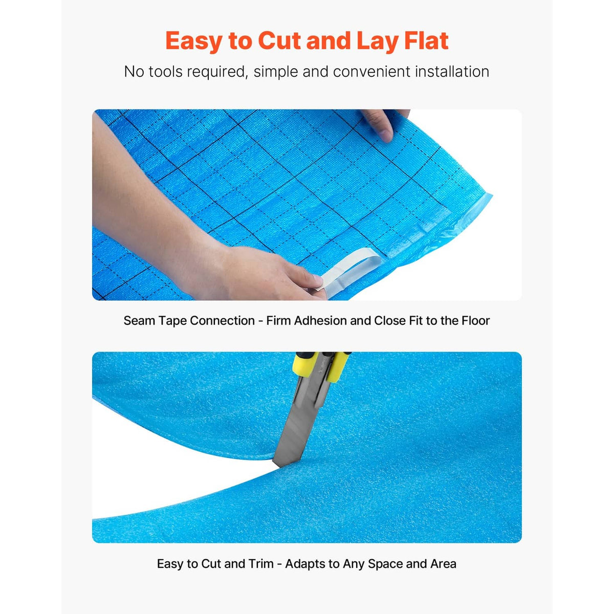 Blue floor underlayment sheet with grid lines, shown being cut and flattened