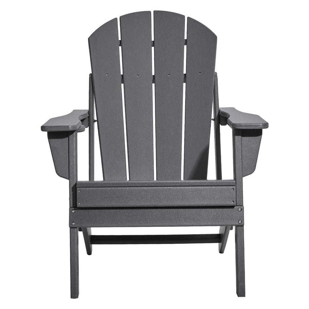Gray Adirondack folding patio chair with tall slatted back and side arm cup holders