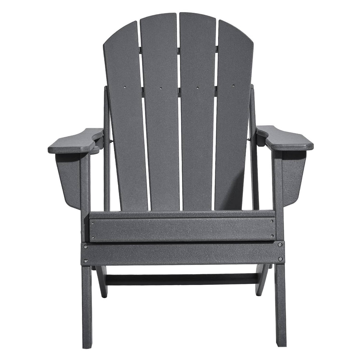 Gray Adirondack folding patio chair with tall slatted back and side arm cup holders
