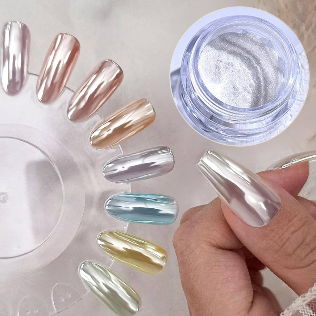 Jar of chrome nail powder with assorted metallic mirror-finish nail swatches