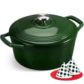 Green enameled cast iron Dutch oven with domed lid and side handles