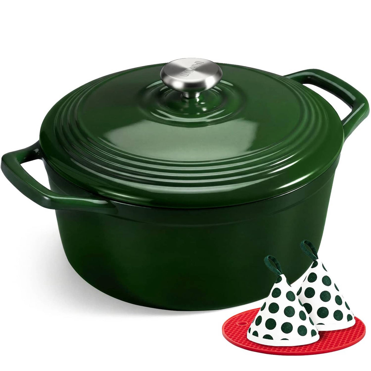 Green enameled cast iron Dutch oven with domed lid and side handles
