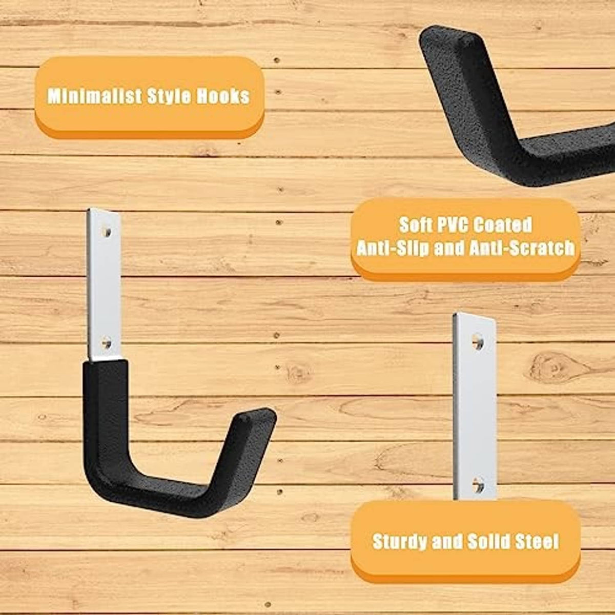 Black PVC-coated U wall hook with white mounting plate on wood board