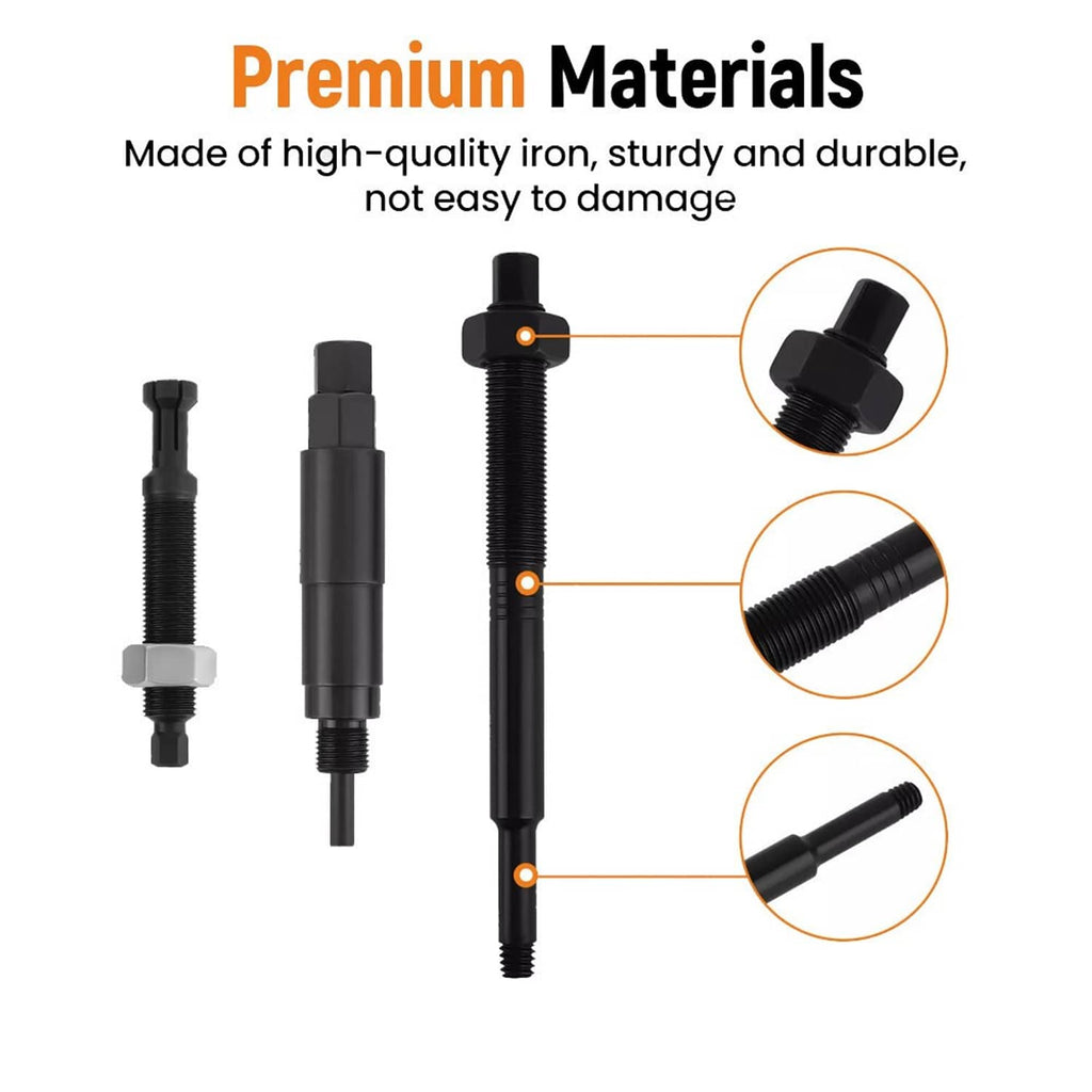 Spark plug remover kit with black and chrome tools, premium iron construction illustration