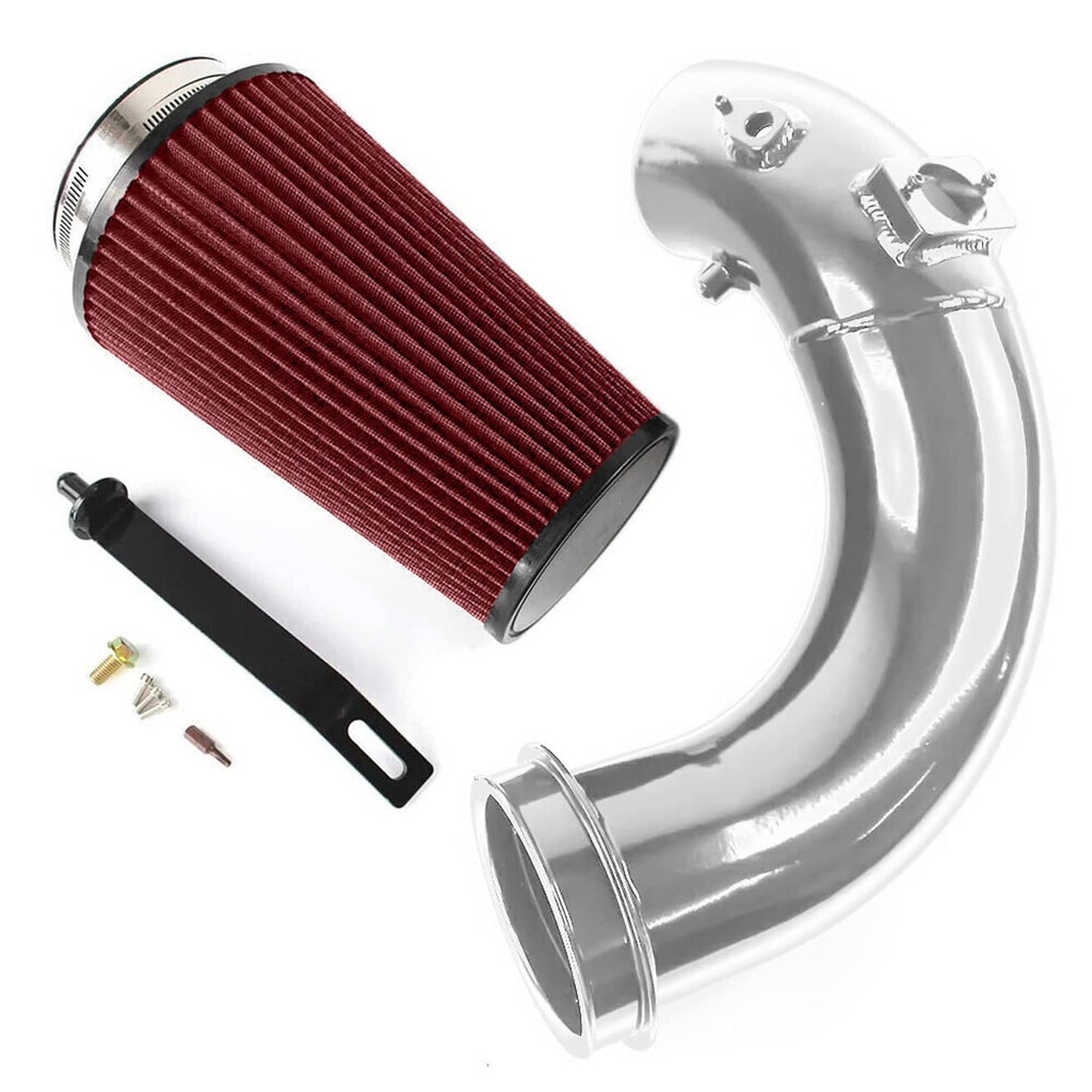 Cold air intake kit with red oiled filter, chrome pipe, and included mounting bracket