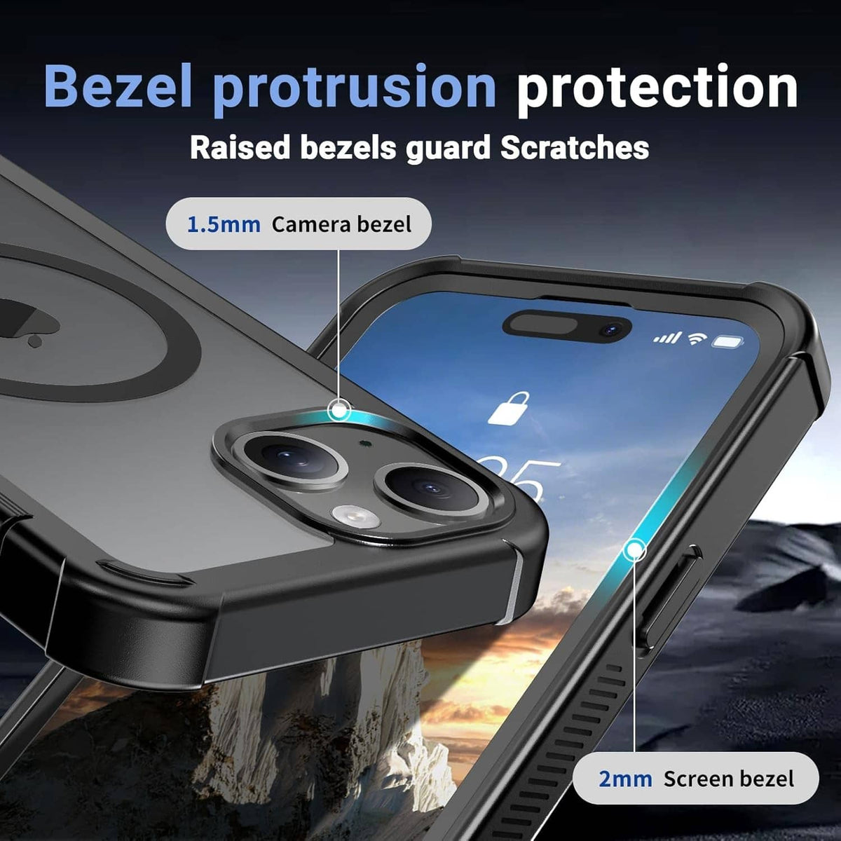 Black MagSafe phone case corner with raised bezels protecting camera and screen edges
