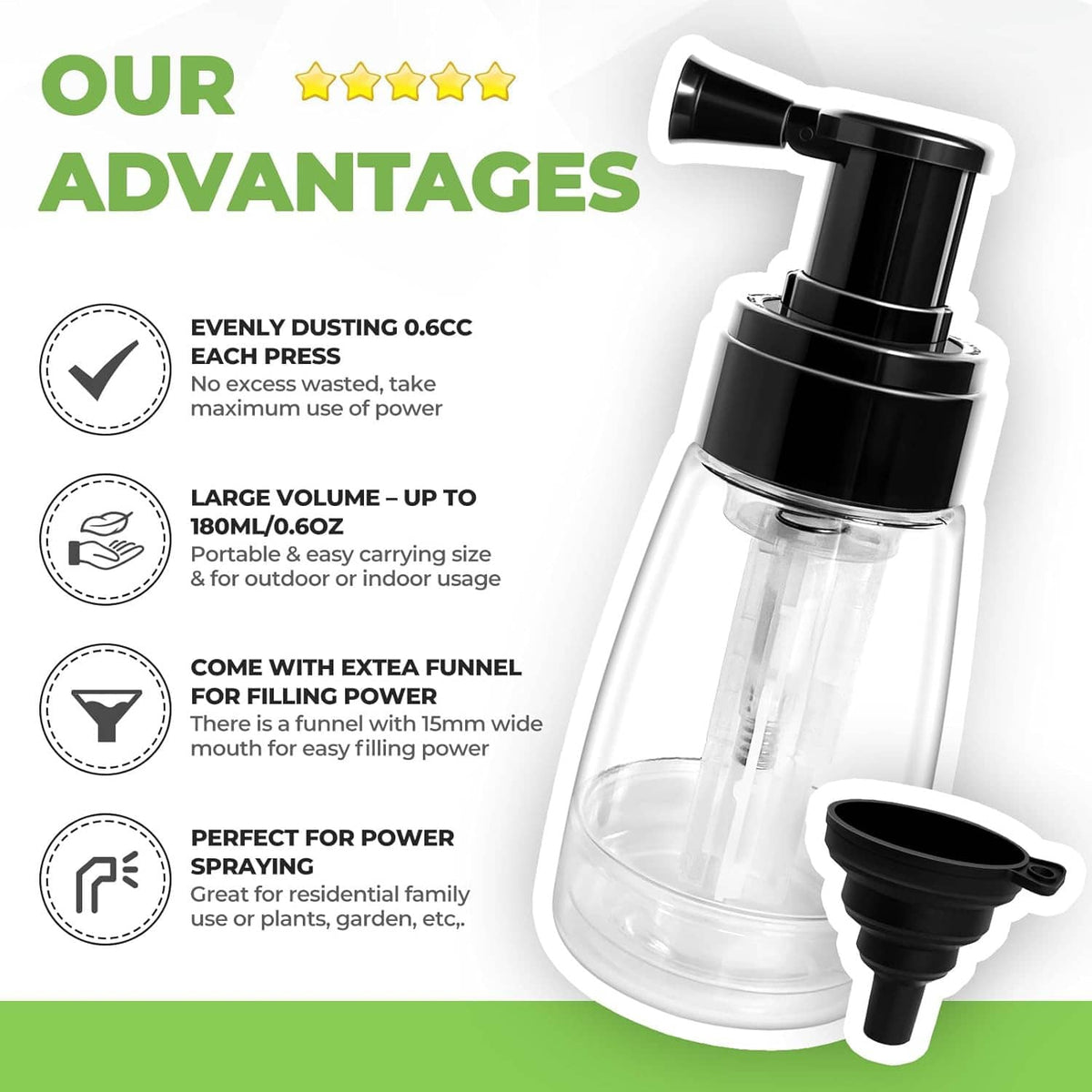 Black sprayer powder duster with transparent bottle and included extra funnel