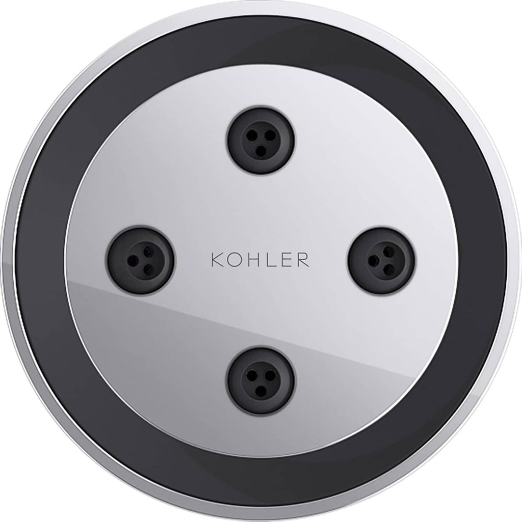 Polished chrome round body spray face with four dark nozzles and KOHLER branding