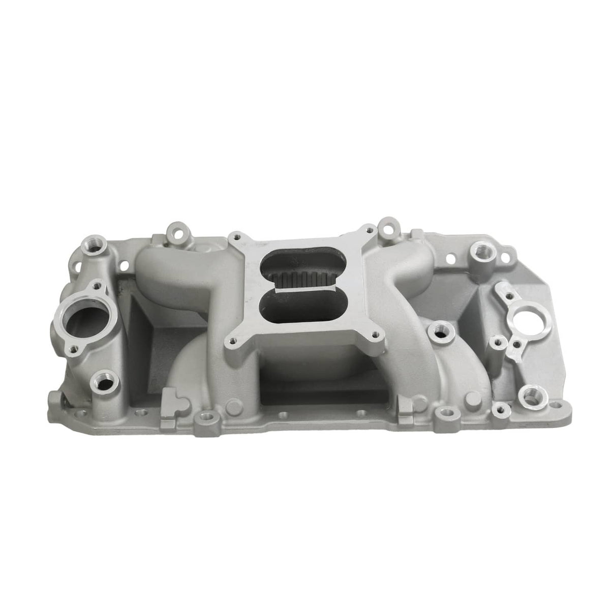 Dual plane intake manifold, long side view with two intake runners and circular ports