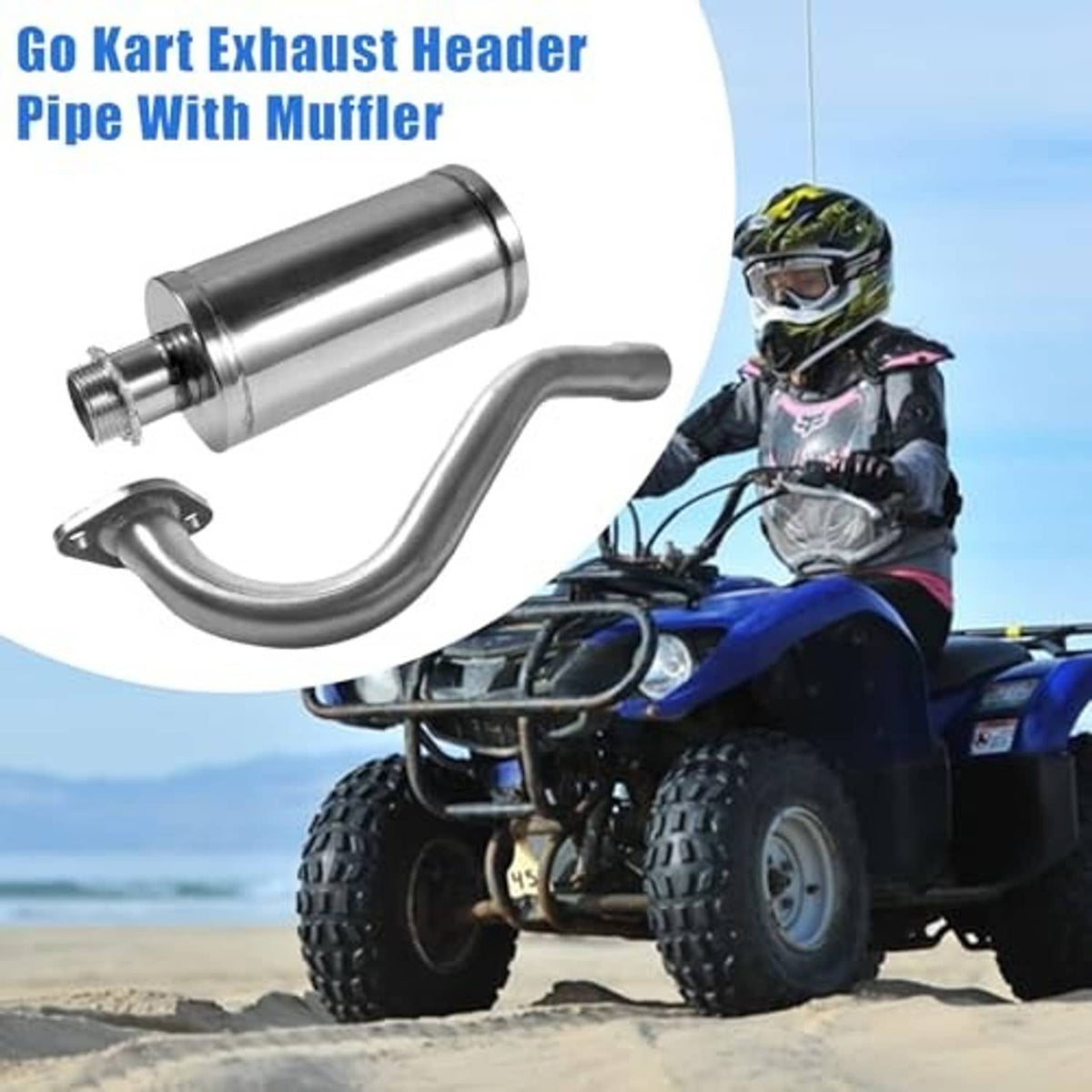 Go-kart exhaust header with muffler: curved pipe and dark muffler canister
