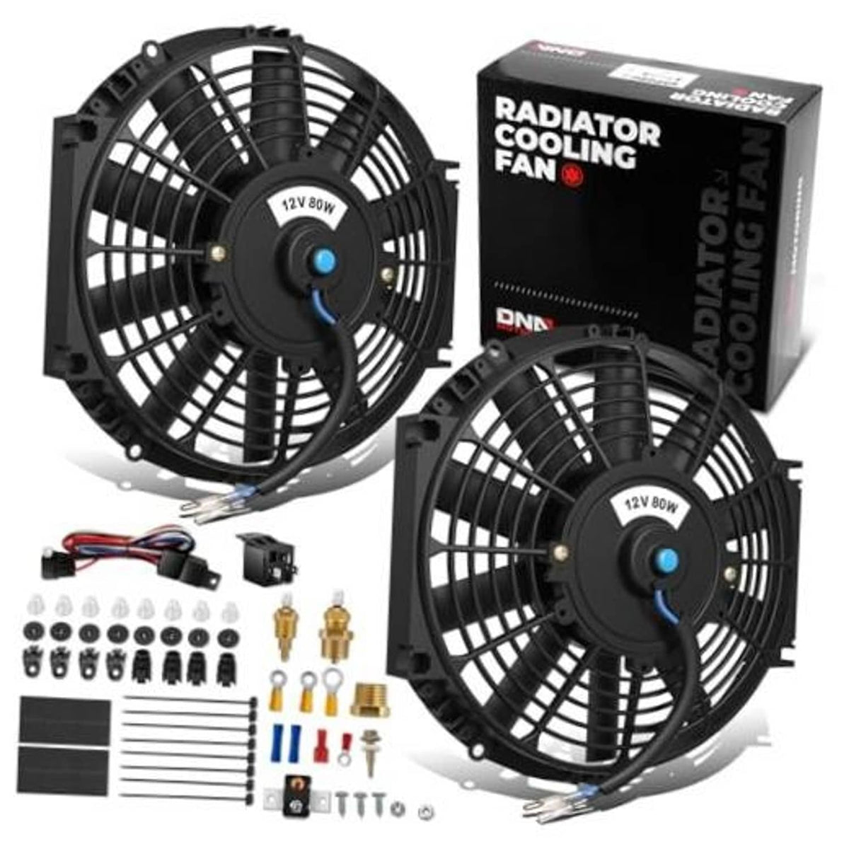 12-inch electric radiator cooling fan, black twin-pack with mounting accessories