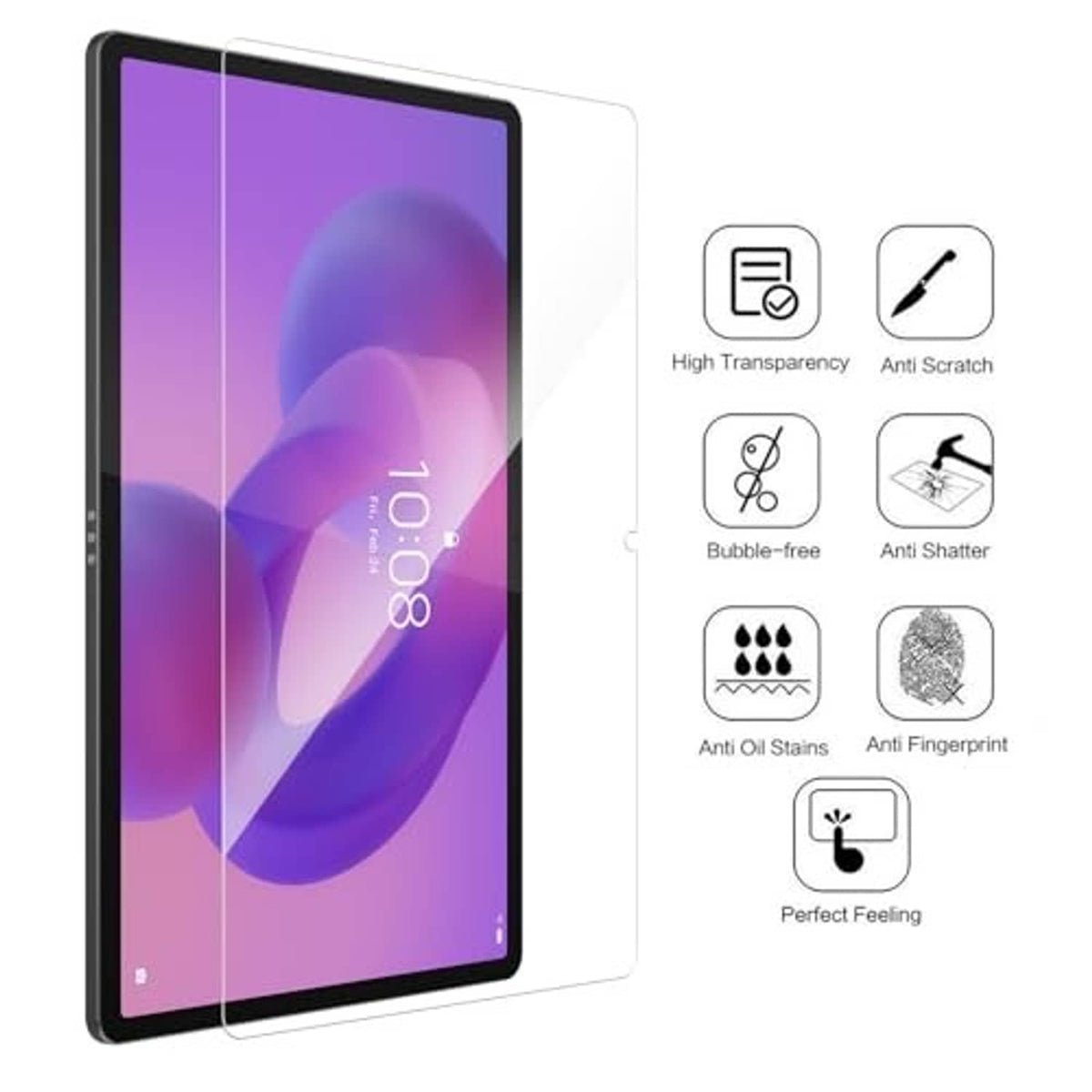 Tablet tempered glass screen protector set with clear, anti-scratch and anti-shatter icons