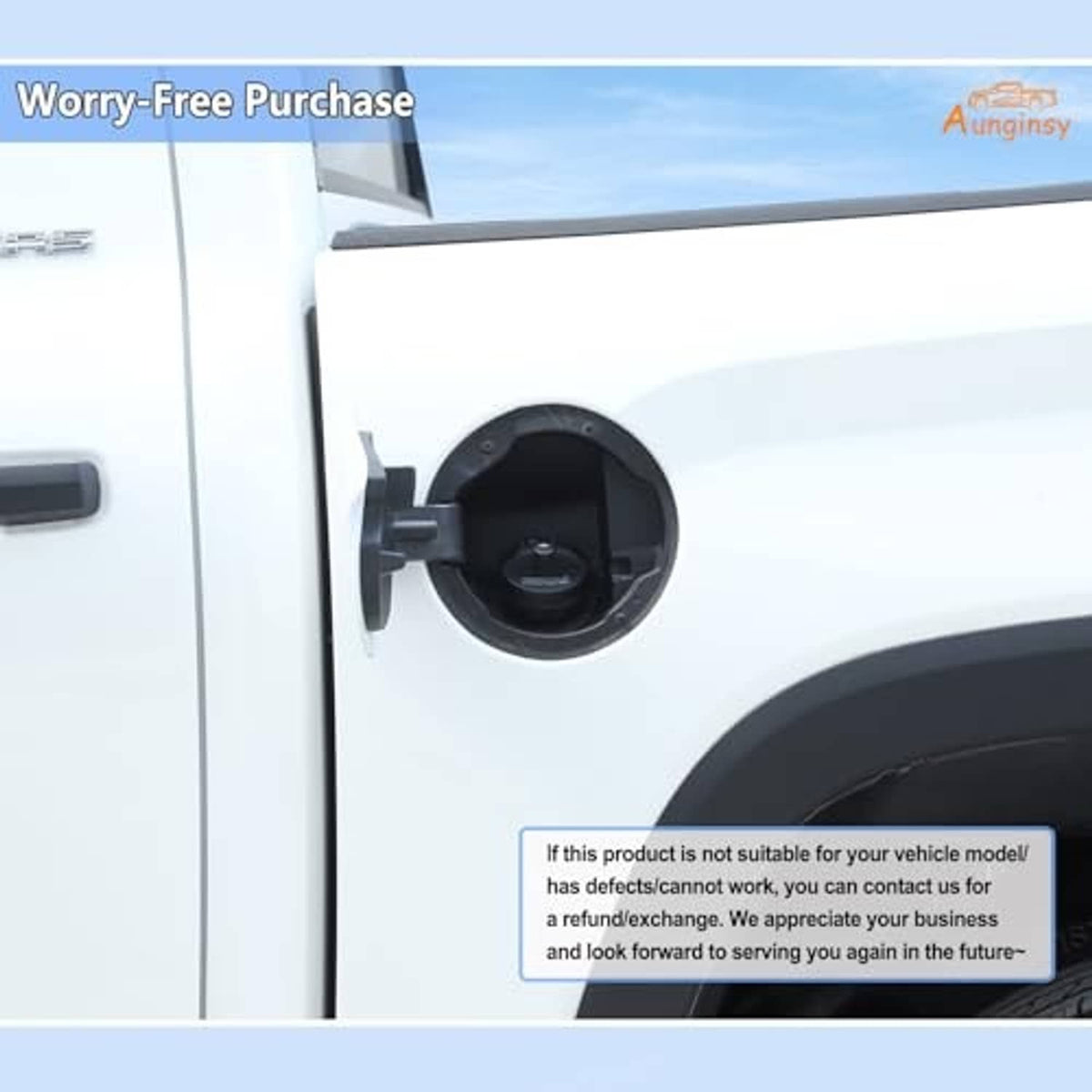 Fuel tank lock cap replacement on car fuel door with metal key beside it
