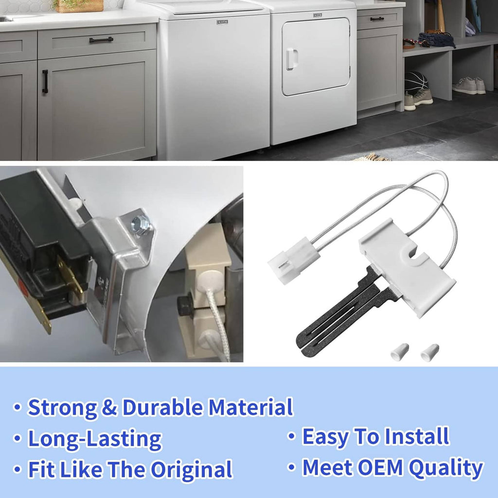 Gas dryer burner igniter replacement with white housing, wire leads, and small white parts