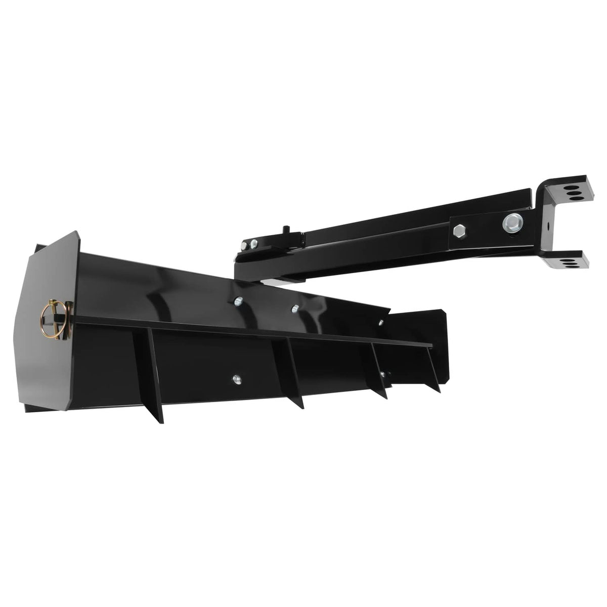Black tow-behind scraper blade with angled attachment arm and side cutting wings