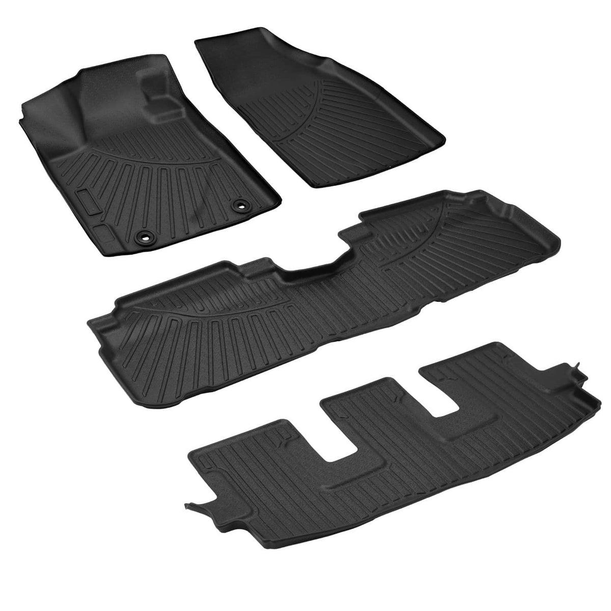 Black molded floor mat set with five pieces and contoured grip tread.