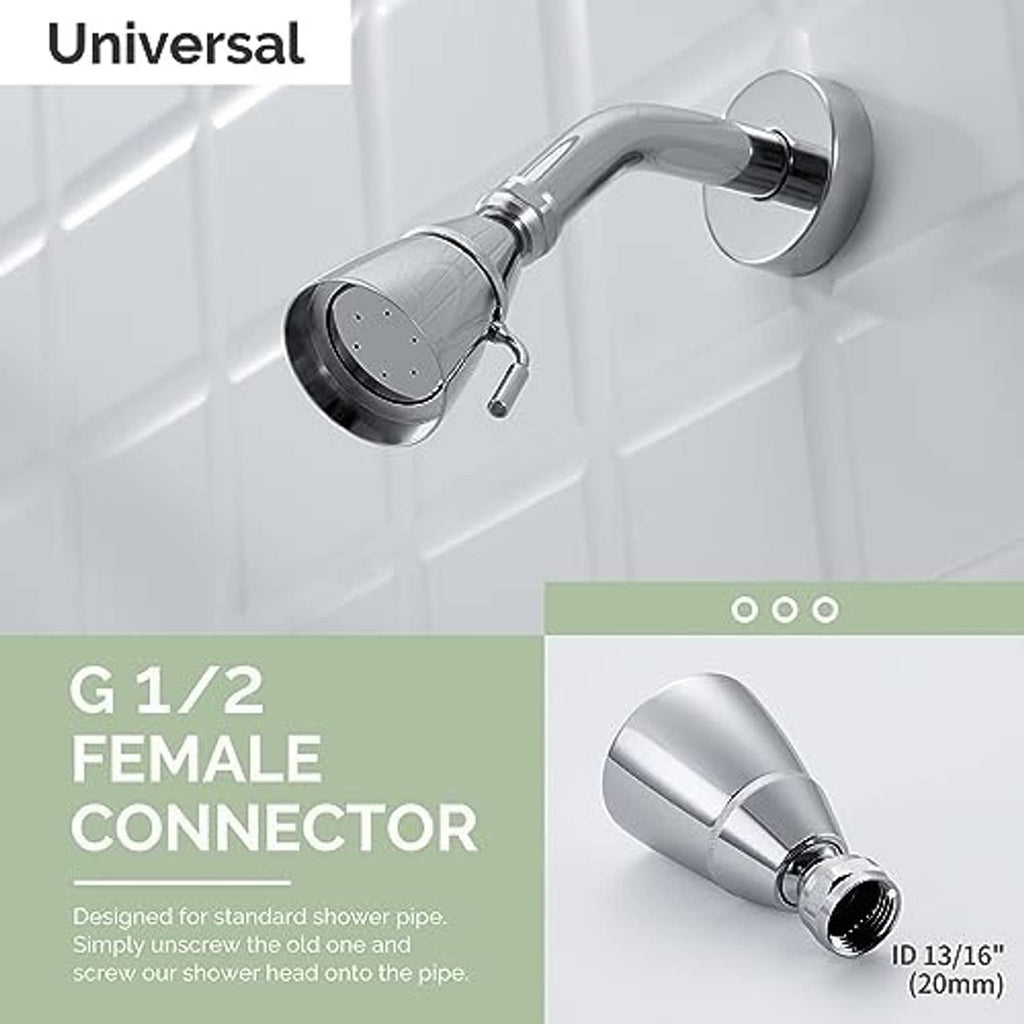 Chrome shower head with G1/2 female connector, wall mount-ready