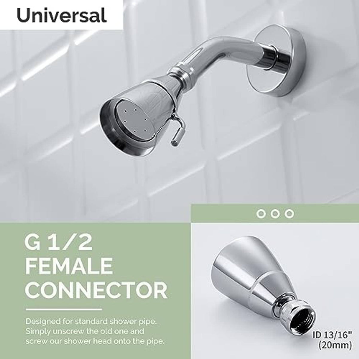 Chrome shower head with G1/2 female connector, wall mount-ready