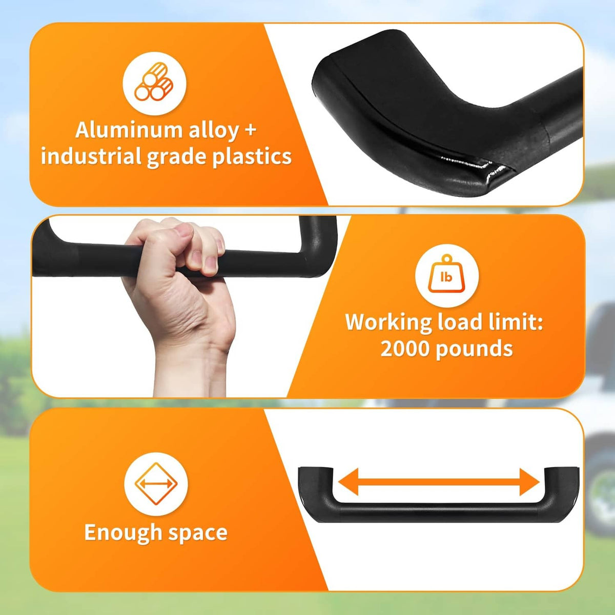 Black curved golf cart grab handle with metal-and-plastic construction, 2 pcs