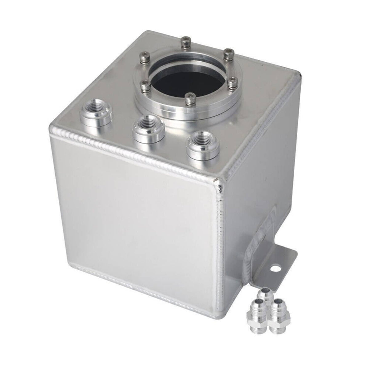Aluminum fuel surge pot tank with top AN fittings, round black inlet, and bracket