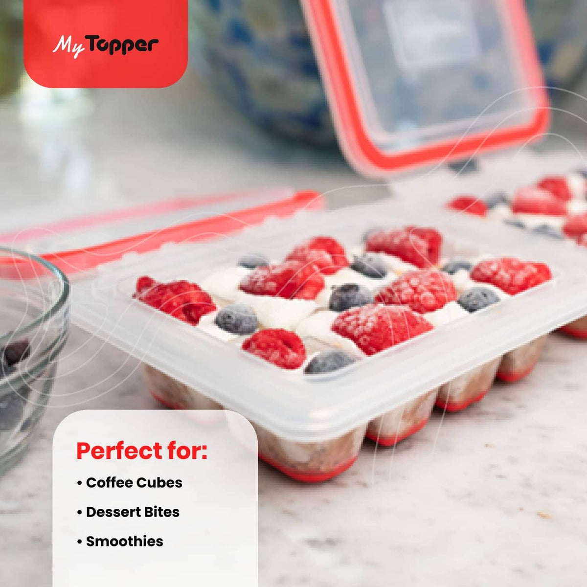Ice cube tray holding mixed frozen cubes with water-tight lid, clear plastic and red seal.