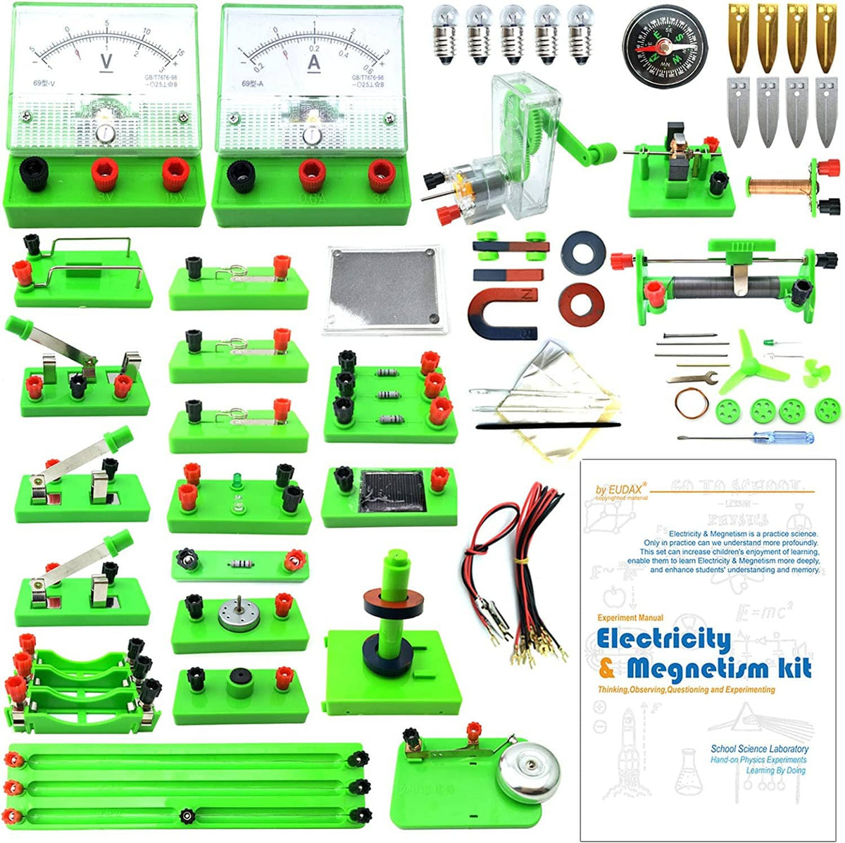 Electricity and magnetism science kit components laid out with meters, coils, and leads