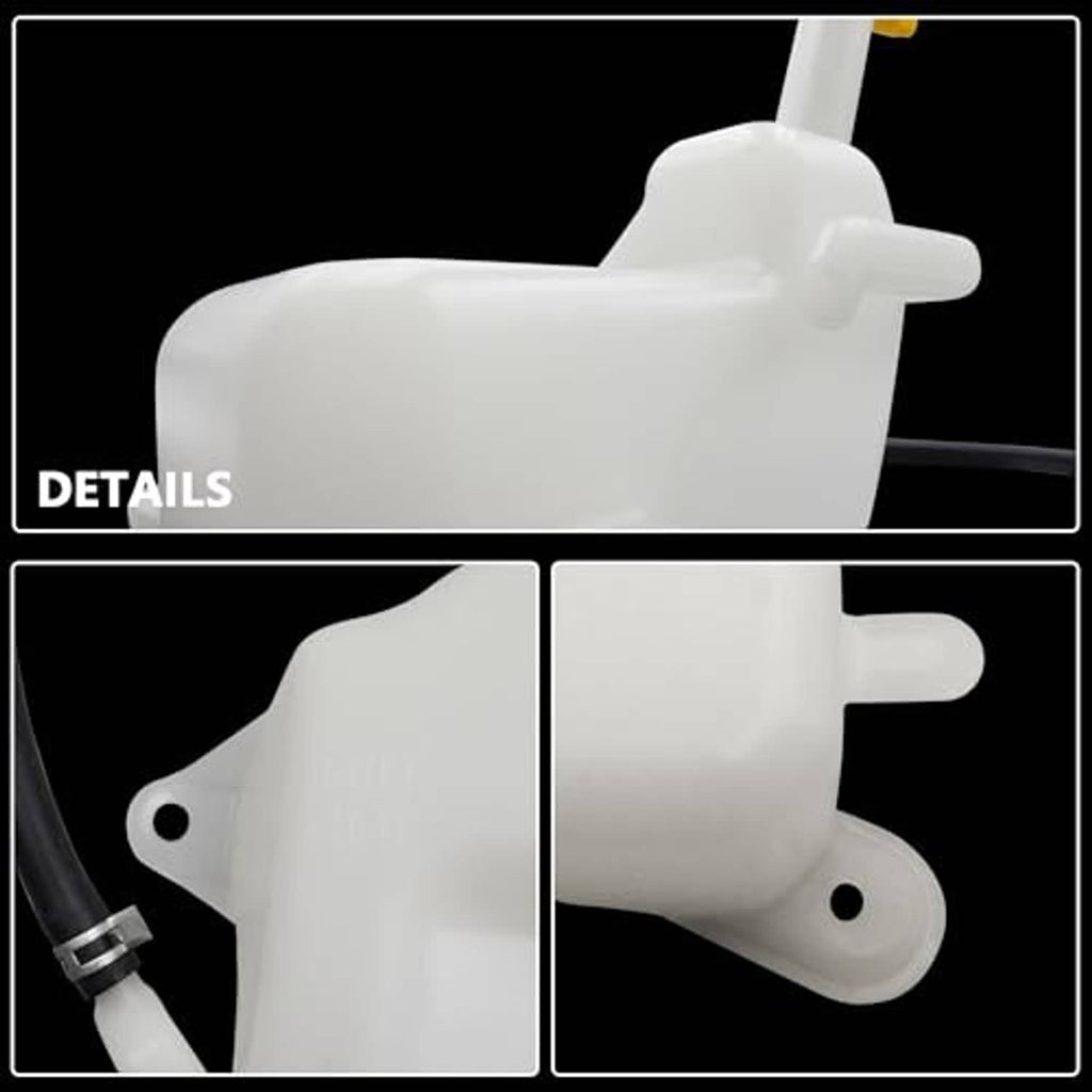 White coolant reservoir with cap port and black hose connection, close-up view