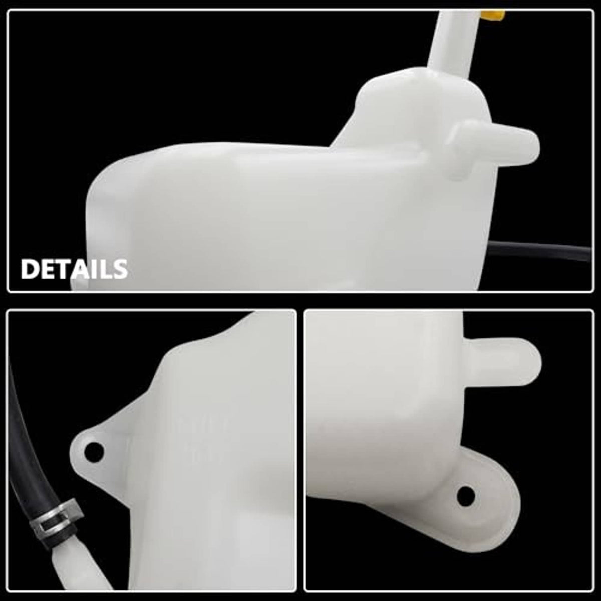 White coolant reservoir with cap port and black hose connection, close-up view