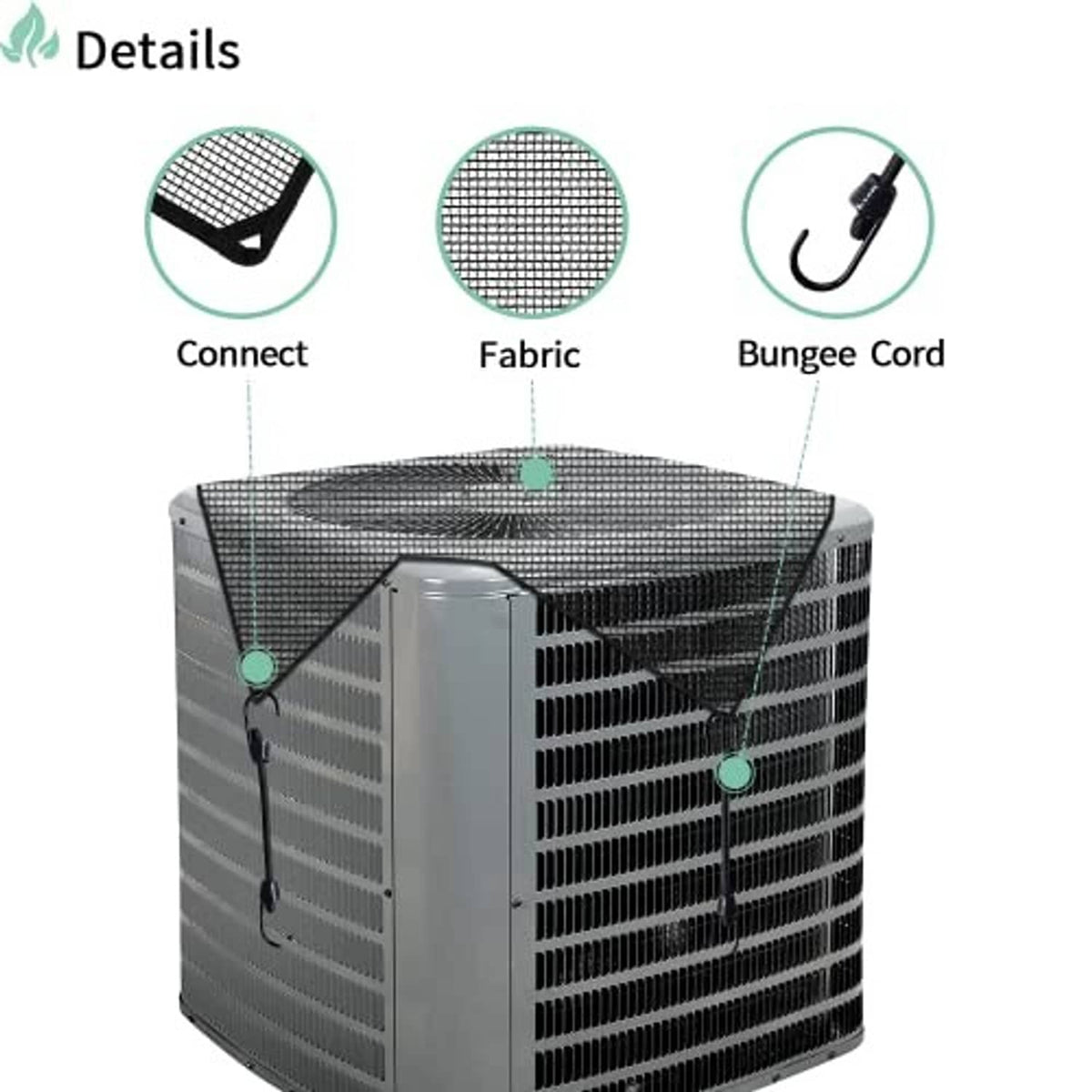 Air conditioner cover fabric with bungee cord ties for secure fit