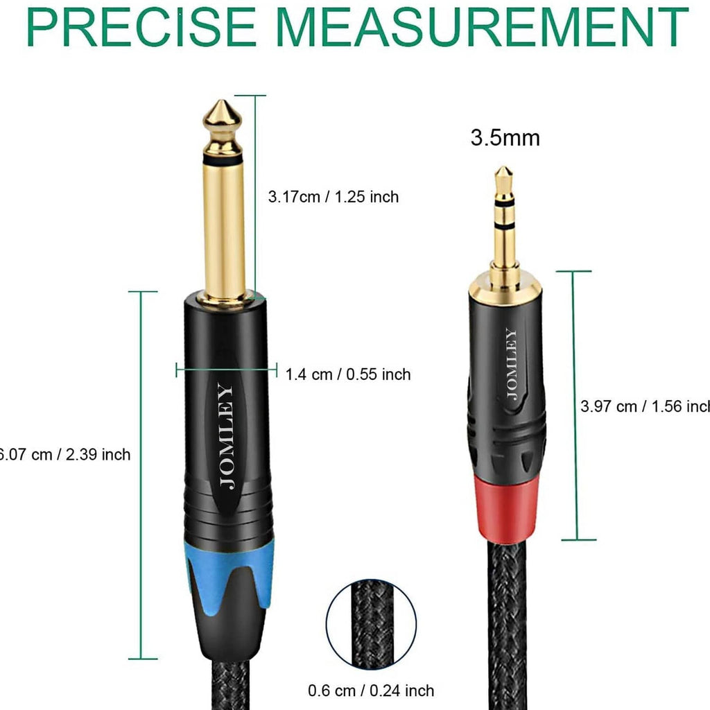 3.5mm TRS and 1/4 TS connector size view on braided audio cable