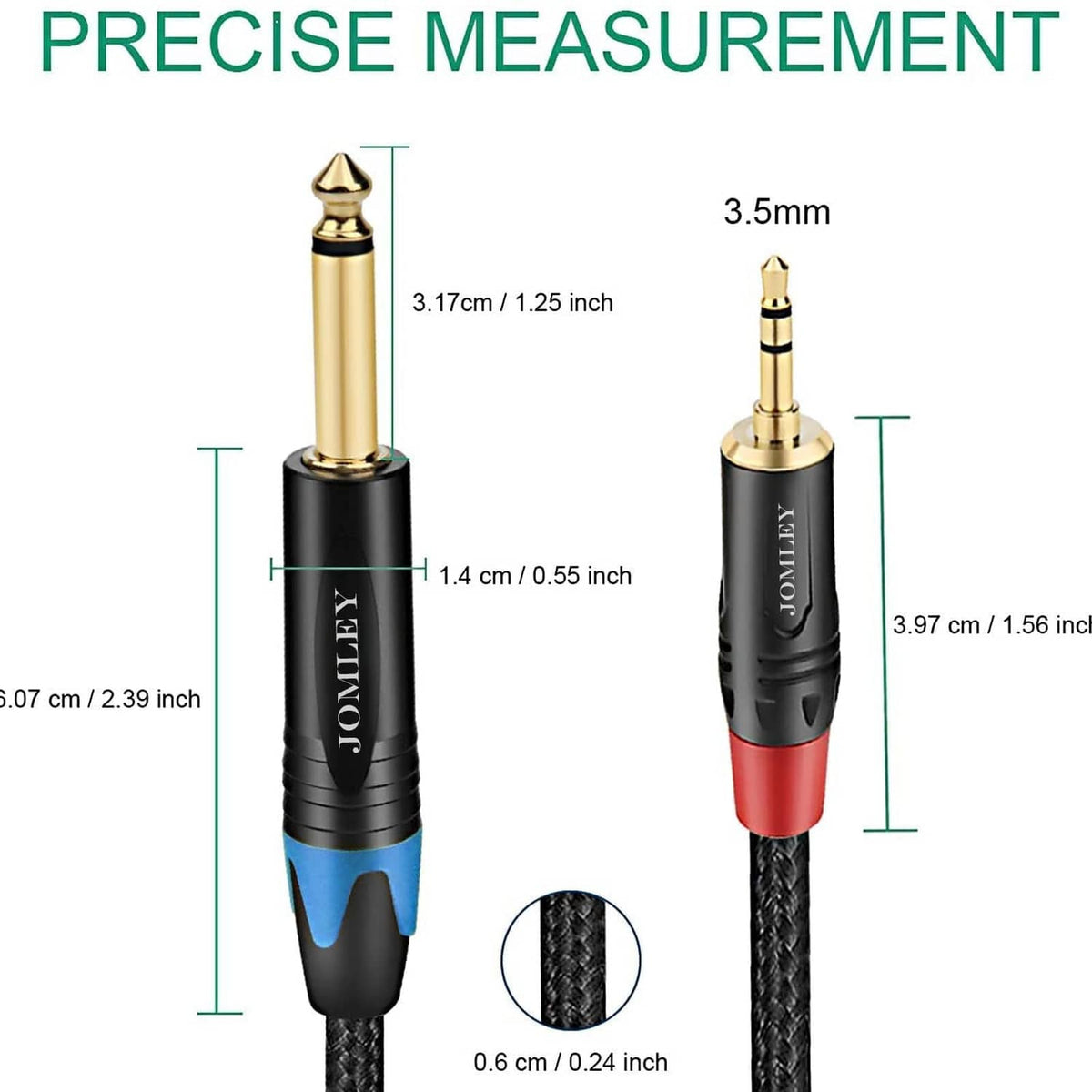 3.5mm TRS and 1/4 TS connector size view on braided audio cable