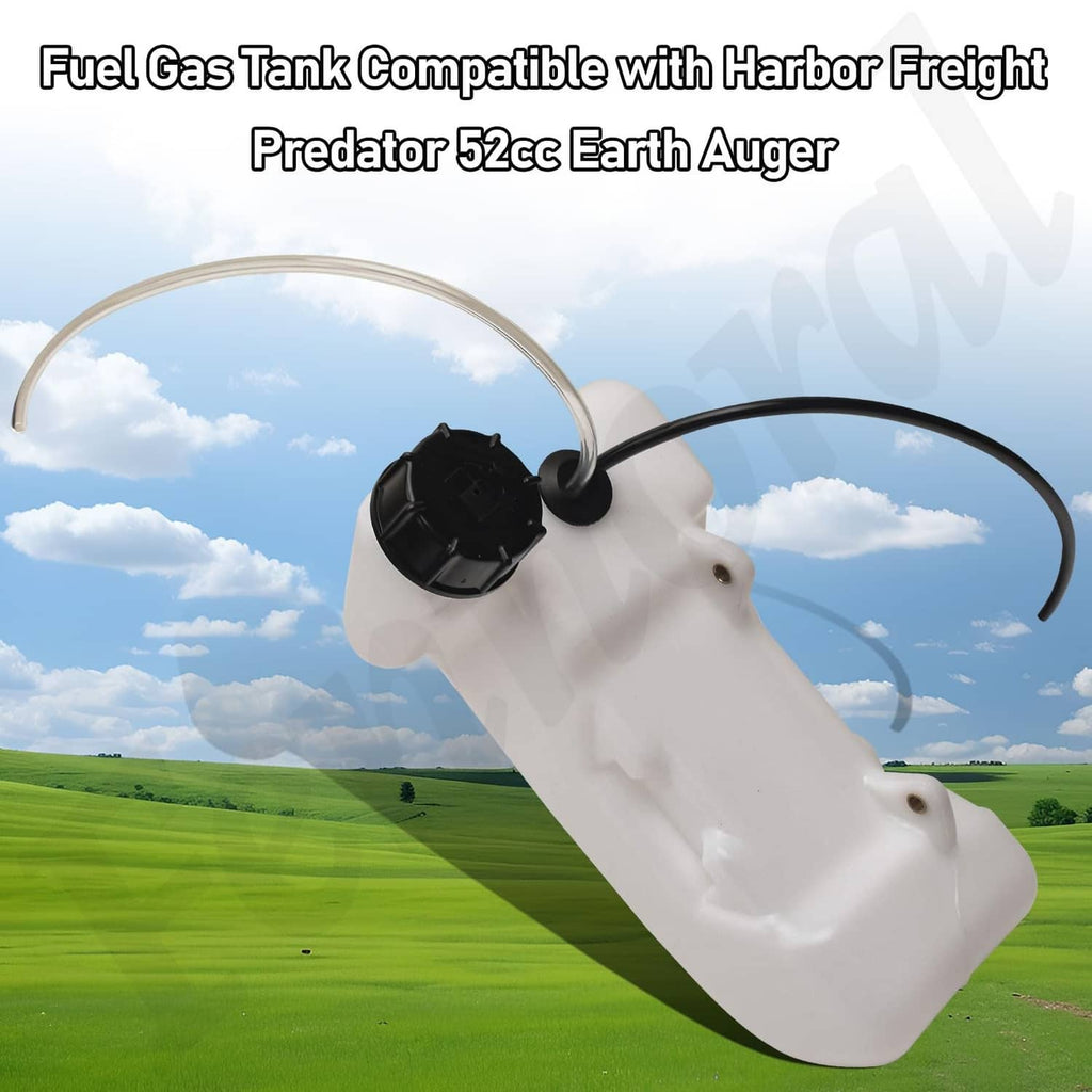 White fuel gas tank with black fuel cap and curved hoses, angled view