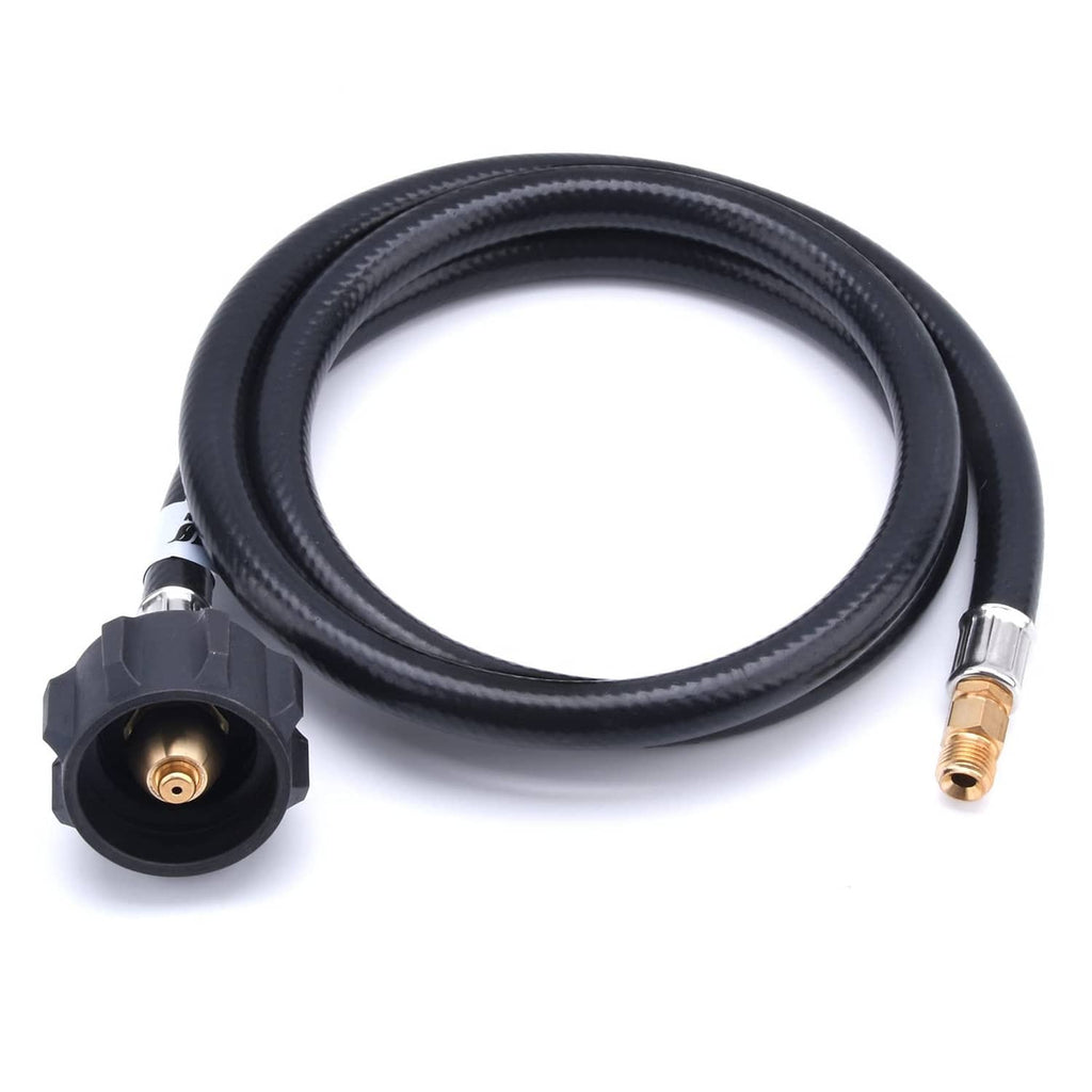 RV propane hose with black braided exterior, QCC1-style socket on one end