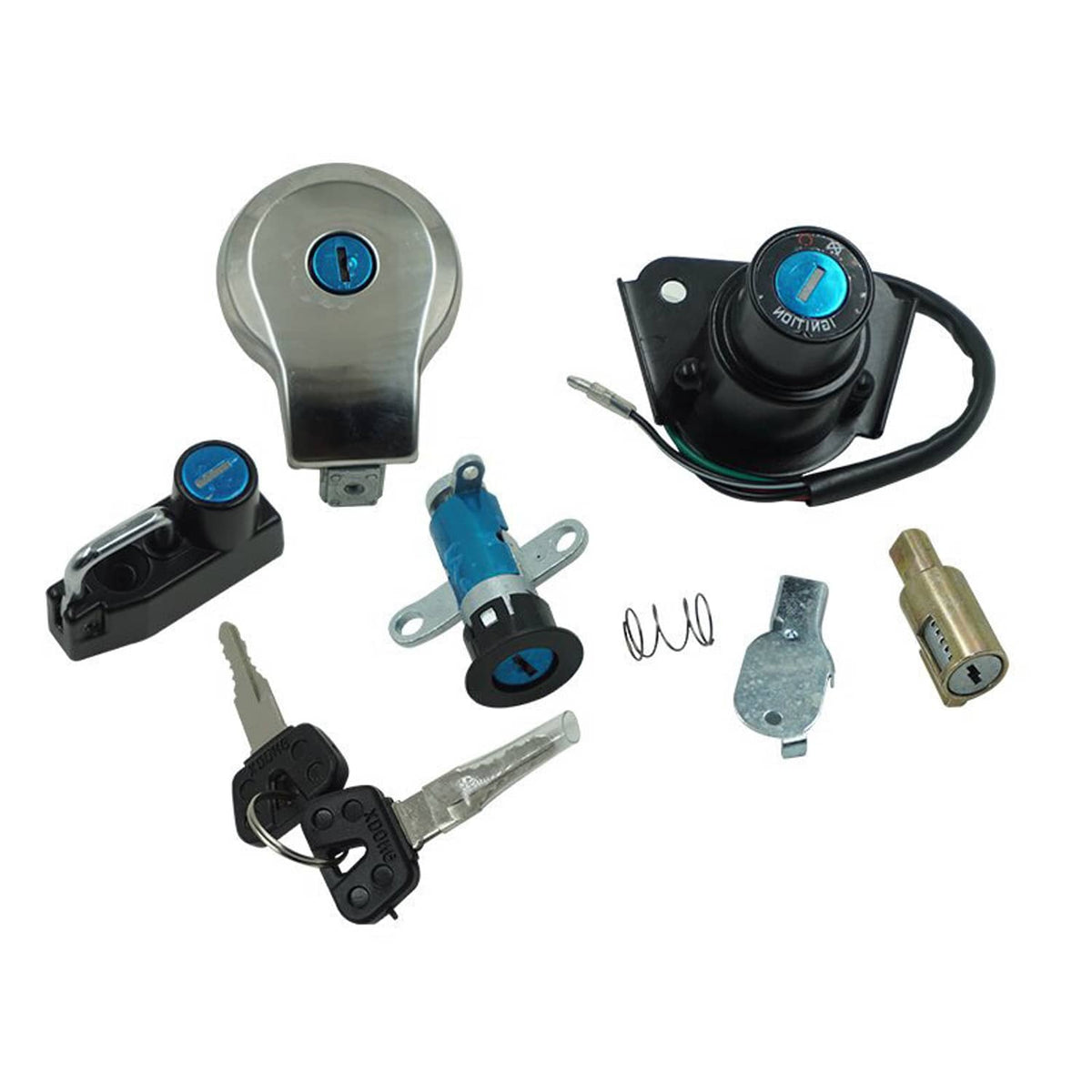 Ignition switch assembly with blue key and keys, wiring harness components