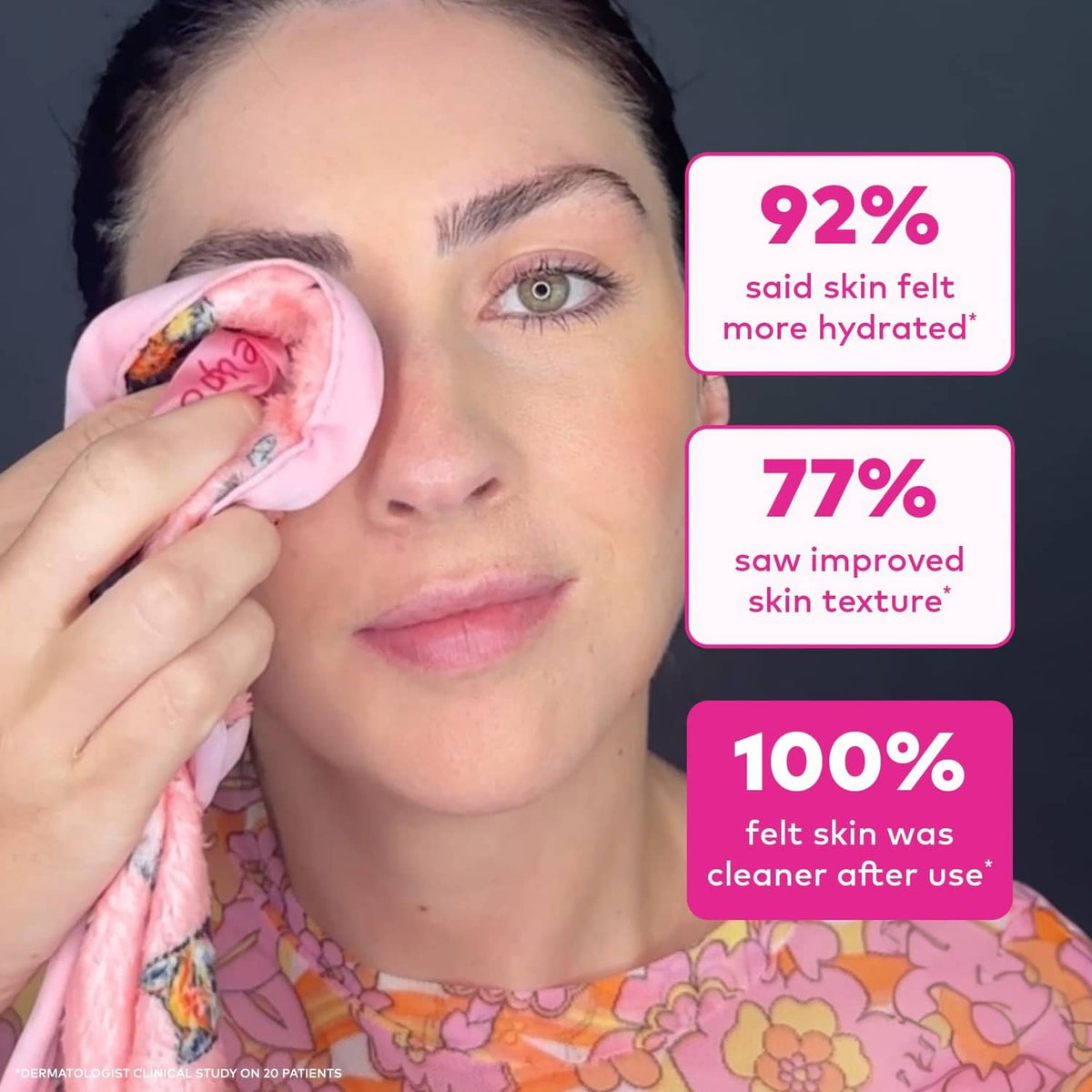 Pink puppy-printed makeup eraser towel pressed to cheek for gentle makeup removal