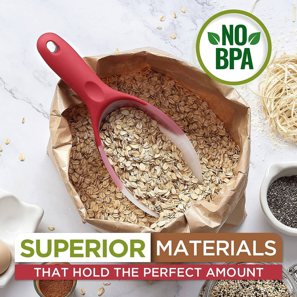 Red ice scoop over oats in a kraft bag, with no-BPA seal