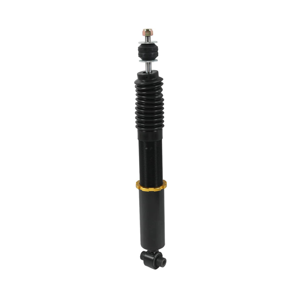 Single coilover strut with black spring, gold top, and black damper body