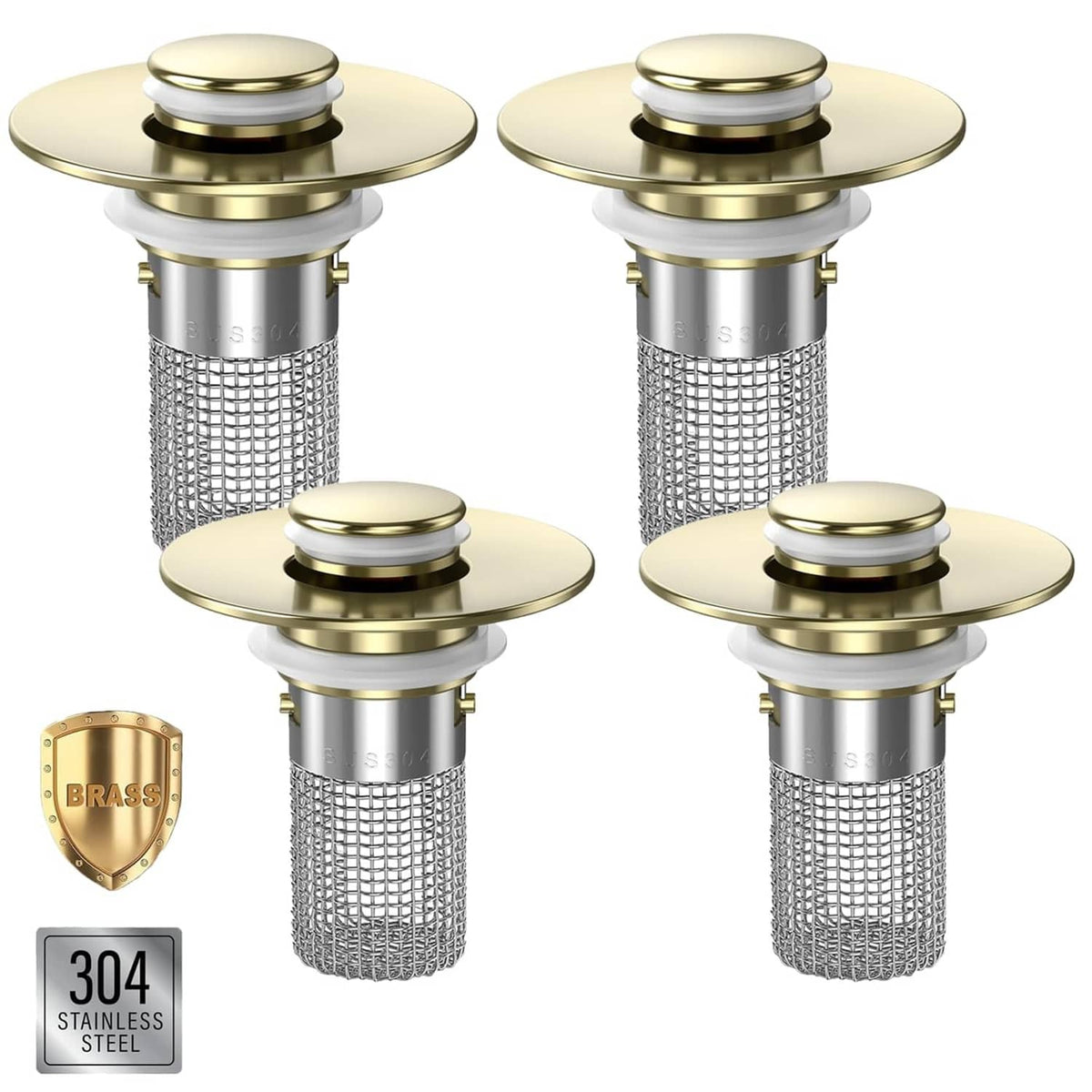 Brushed gold bathroom sink pop-up drain strainer set with mesh basket, 4-pack