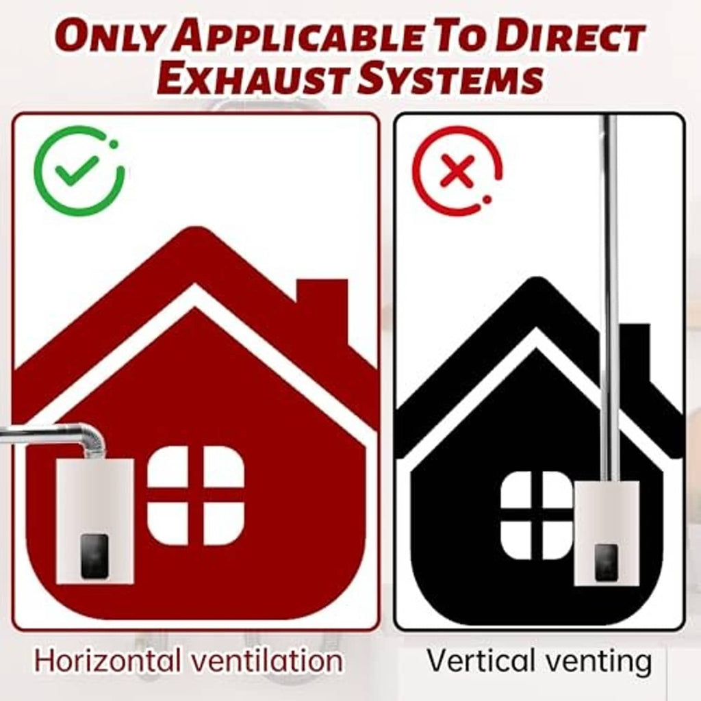 Direct exhaust vent system compatibility infographic for horizontal and vertical venting