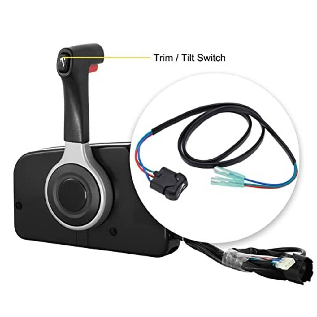 Trim/tilt switch lever with black cable and multicolor wires to turquoise terminals