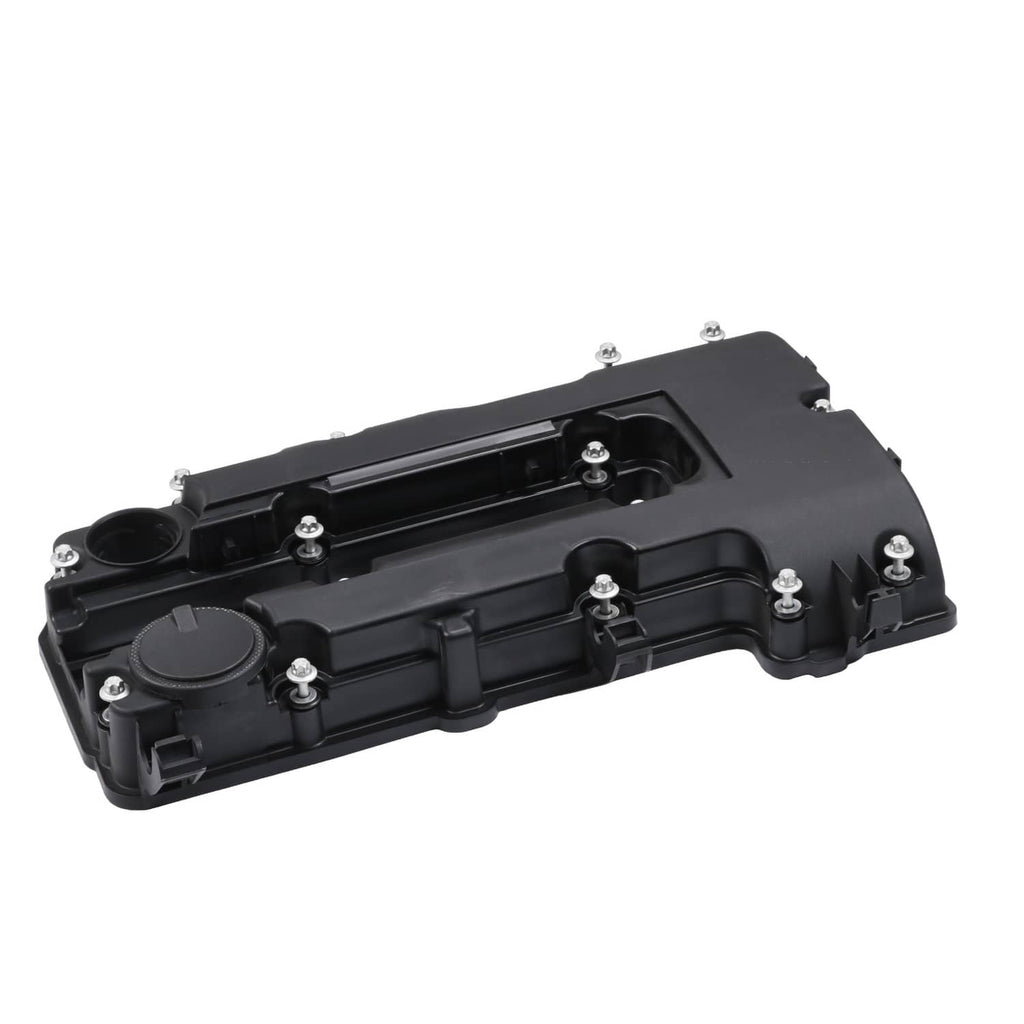 Black valve cover with gasket and multiple mounting holes, top down perspective