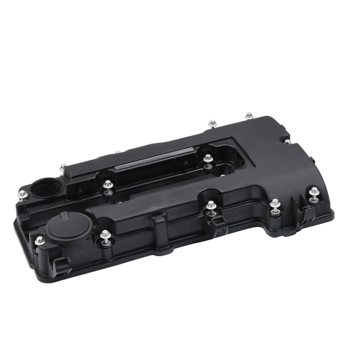 Black valve cover with gasket and multiple mounting holes, top down perspective