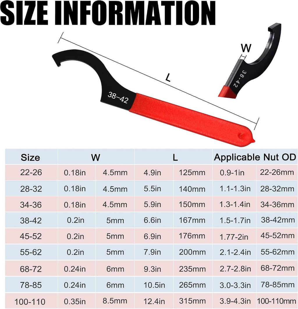 Coilover spanner wrench size chart with dimensions and applicable nut OD ranges
