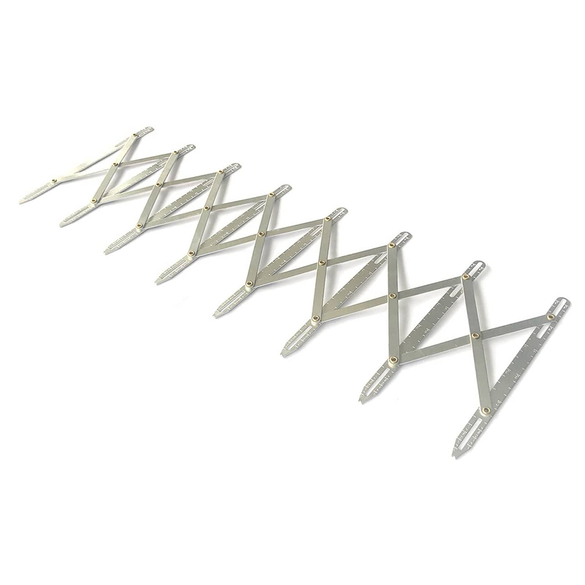 Silver aluminum sewing gauge with hinged arms and round rivet joints, spacing guides