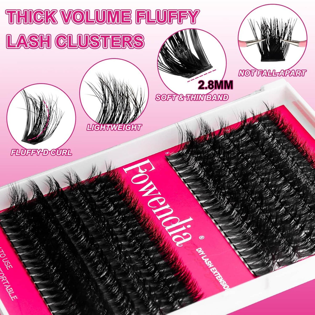 Thick volume fluffy black lash clusters package with soft, thin band detail